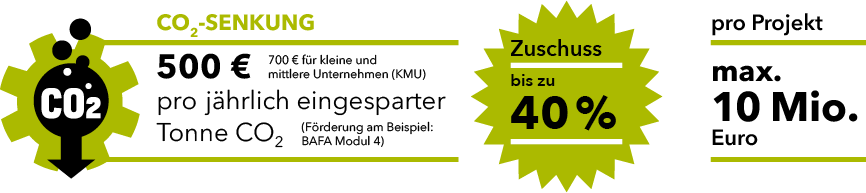 CO2-Senkung 500 Euro, 700 Euro für kleine und mittlere Unternehmen (KMU), pro jährlich eingesparter Tonne CO2 (Förderung am Beispiel: BAFA Modul 4), Zuschuss bis zu 40% pro Projekt, max. 10 Mio. Euro