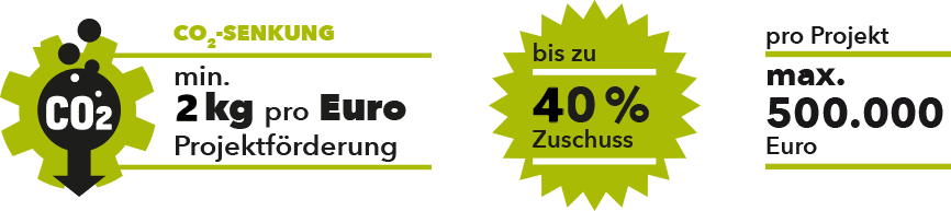 CO2-Senkung 500 Euro, 700 Euro für kleine und mittlere Unternehmen (KMU), pro jährlich eingesparter Tonne CO2 (Förderung am Beispiel: BAFA Modul 4), Zuschuss bis zu 40% pro Projekt, max. 10 Mio. Euro